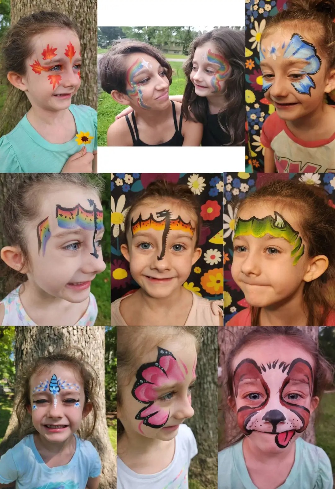 Examples of face painting designs — butterflies, a dragon, a rainbow, a puppy, and flowers painted on kids' faces
